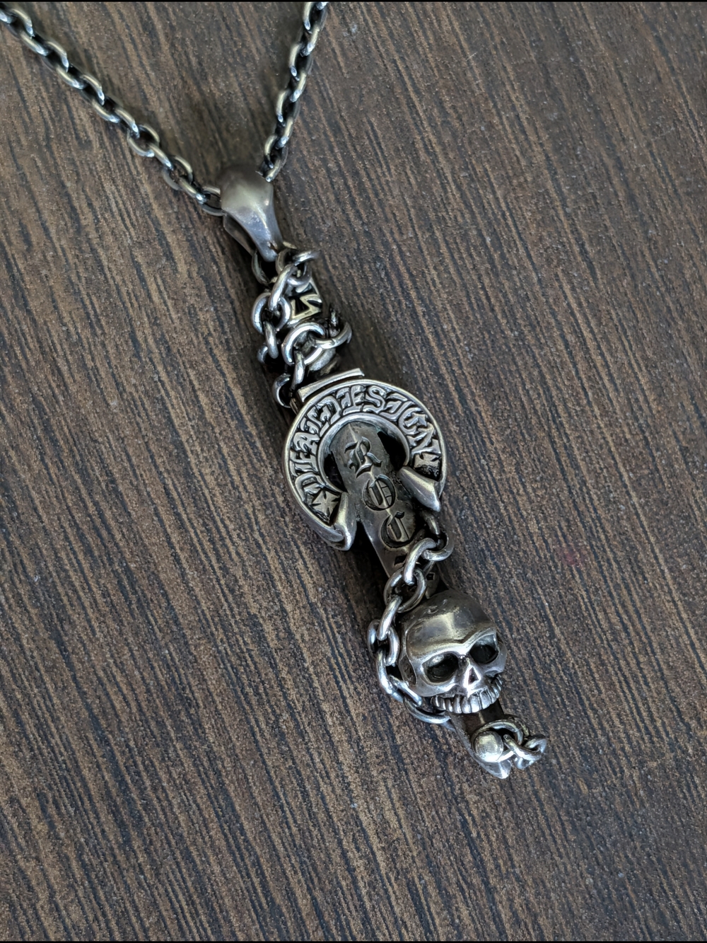 DEAL DESIGN 925 Silver Horseshoe Sword Skull Chain Pendant Necklace Japan Sterli